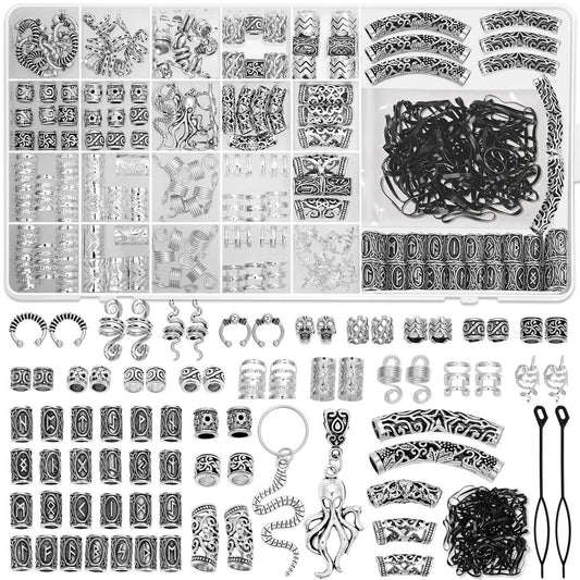 247-teiliges Wikinger-Haaraccessoire-Set mit Runen-Tubenperlen, Metallmanschetten, Clips und Ringen – Dreadlock-Perlen, Braids, Locs, Haarschmuck für Frauen und Männer, Bartdekoration, Armbänder, Halsketten DIY Silber