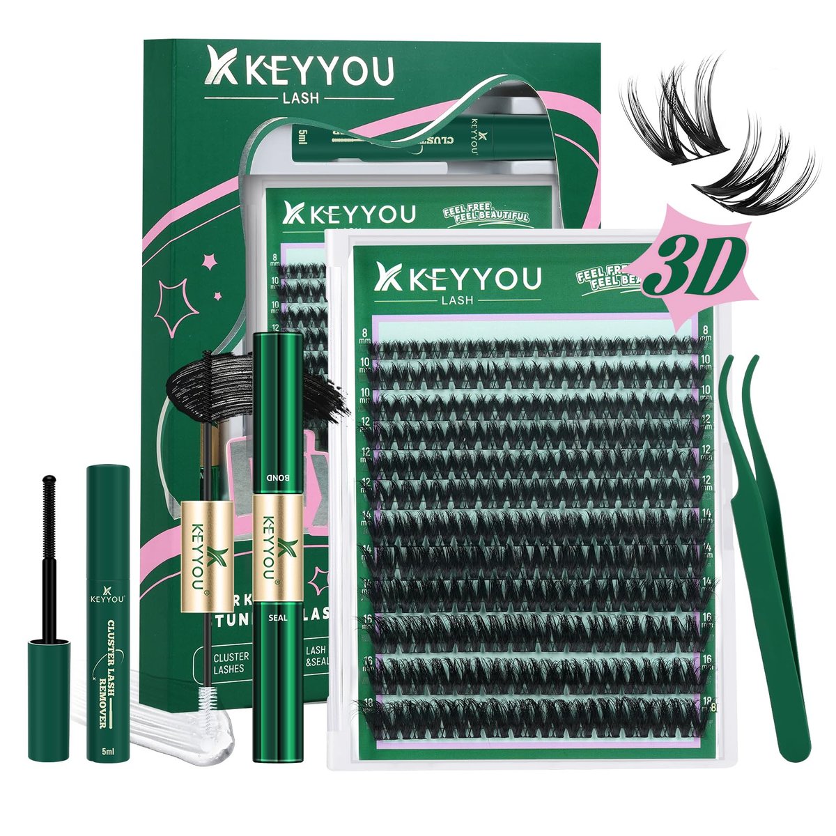 KEYYOU Flaunt Lash Clusters Kit 3D Spider DIY Wimpernverlängerung Set Dicke Wimperncluster 144 Stück Individuelle Wimpern Flauschig Wispy Volumenwimpern mit wasserfestem Wimpernkleber und -versiegelung & Entferner (F01)