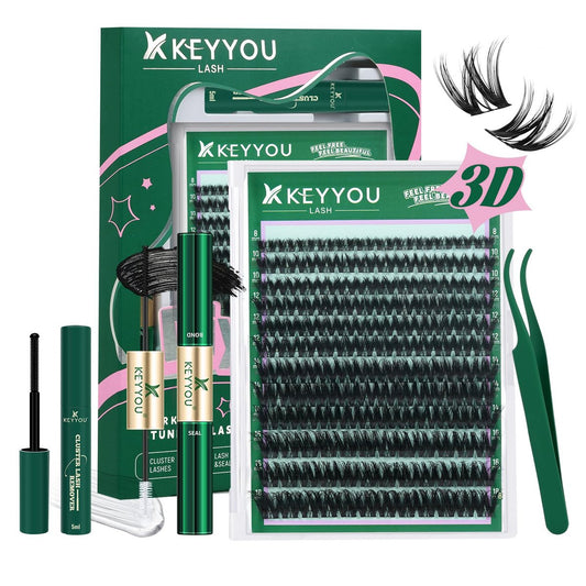KEYYOU Flaunt Lash Clusters Kit 3D Spider DIY Wimpernverlängerung Set Dicke Wimperncluster 144 Stück Individuelle Wimpern Flauschig Wispy Volumenwimpern mit wasserfestem Wimpernkleber und -versiegelung & Entferner (F01)