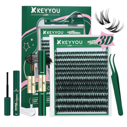 KEYYOU Flaunt Lash Clusters Kit 3D Spider DIY Wimpernverlängerung Set Dicke Wimperncluster 144 Stück Individuelle Wimpern Flauschig Wispy Volumenwimpern mit wasserfestem Wimpernkleber und -versiegelung & Entferner (F01)