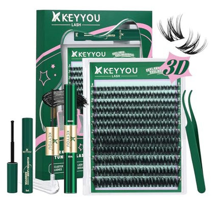 KEYYOU Flaunt Lash Clusters Kit 3D Spider DIY Wimpernverlängerung Set Dicke Wimperncluster 144 Stück Individuelle Wimpern Flauschig Wispy Volumenwimpern mit wasserfestem Wimpernkleber und -versiegelung & Entferner (F01)