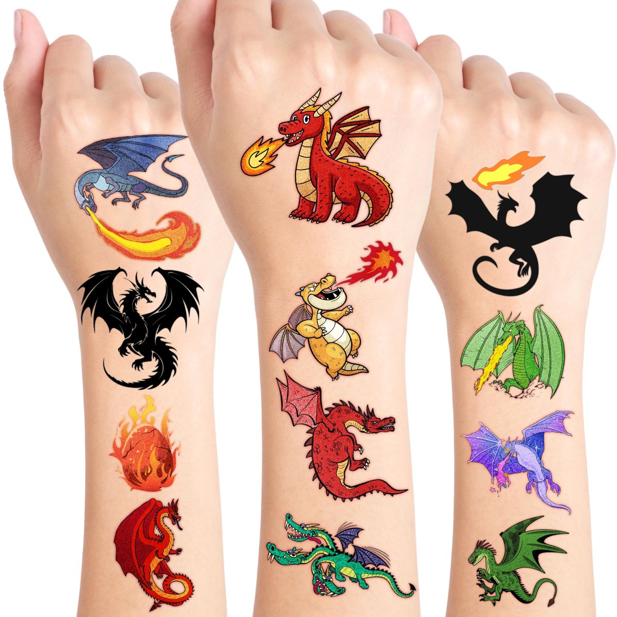60 Stück Drachen-Tattoos für Kinder – Vorgeschnittene, süße Geburtstagsparty-Geschenke, -Zubehör & -Dekoration – Lustige temporäre Tattoo-Aufkleber für Jungen & Mädchen