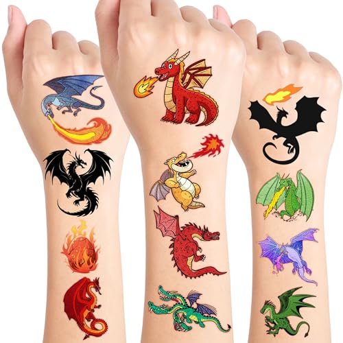 60 Stück Drachen-Tattoos für Kinder – Vorgeschnittene, süße Geburtstagsparty-Geschenke, -Zubehör & -Dekoration – Lustige temporäre Tattoo-Aufkleber für Jungen & Mädchen