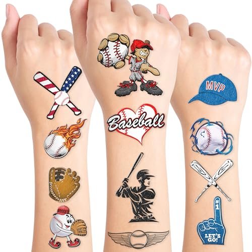 60 Baseball Temporäre Tattoos für Kinder – Vorgeschnittene, süße Geburtstagsparty-Geschenke, -Zubehör & -Dekorationen – Lustige Fake-Tattoo-Aufkleber für Jungen und Mädchen