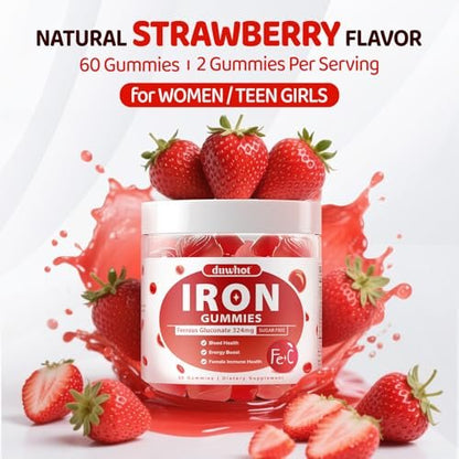 Eisenpräparat für Frauen & Teenager – Ferrogluconat 324 mg, Eisen Gummibärchen mit Vitamin C, A, B, Folsäure, Kupfer, Zink, Energie & Blutunterstützung, Immunsystem, Zuckerfrei, 60 Gummibärchen