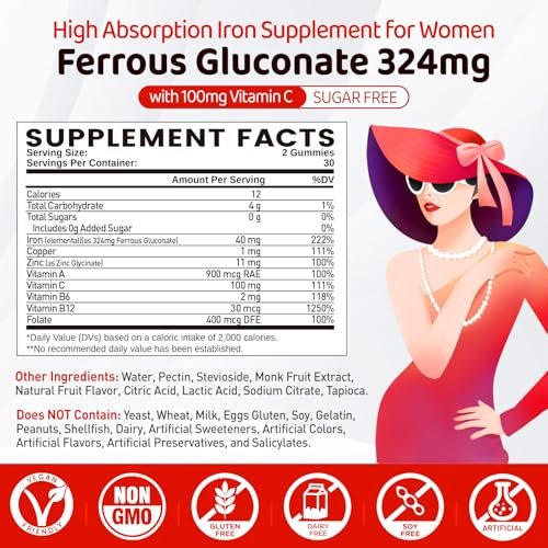 Eisenpräparat für Frauen & Teenager – Ferrogluconat 324 mg, Eisen Gummibärchen mit Vitamin C, A, B, Folsäure, Kupfer, Zink, Energie & Blutunterstützung, Immunsystem, Zuckerfrei, 60 Gummibärchen