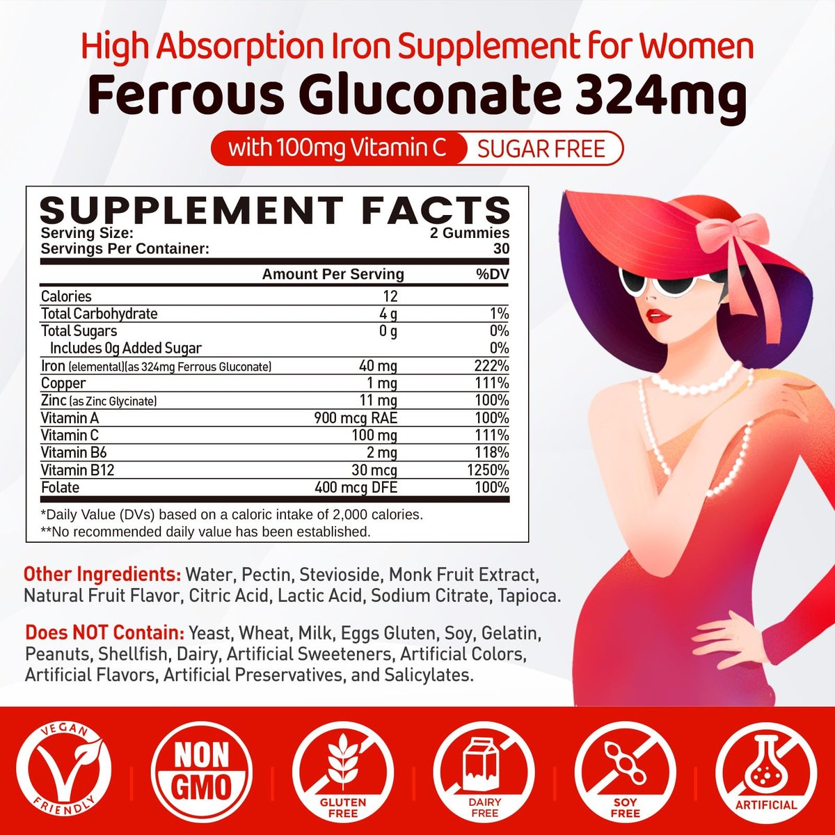 Eisenpräparat für Frauen & Teenager – Ferrogluconat 324 mg, Eisen Gummibärchen mit Vitamin C, A, B, Folsäure, Kupfer, Zink, Energie & Blutunterstützung, Immunsystem, Zuckerfrei, 60 Gummibärchen