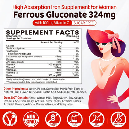 Eisenpräparat für Frauen & Teenager – Ferrogluconat 324 mg, Eisen Gummibärchen mit Vitamin C, A, B, Folsäure, Kupfer, Zink, Energie & Blutunterstützung, Immunsystem, Zuckerfrei, 60 Gummibärchen