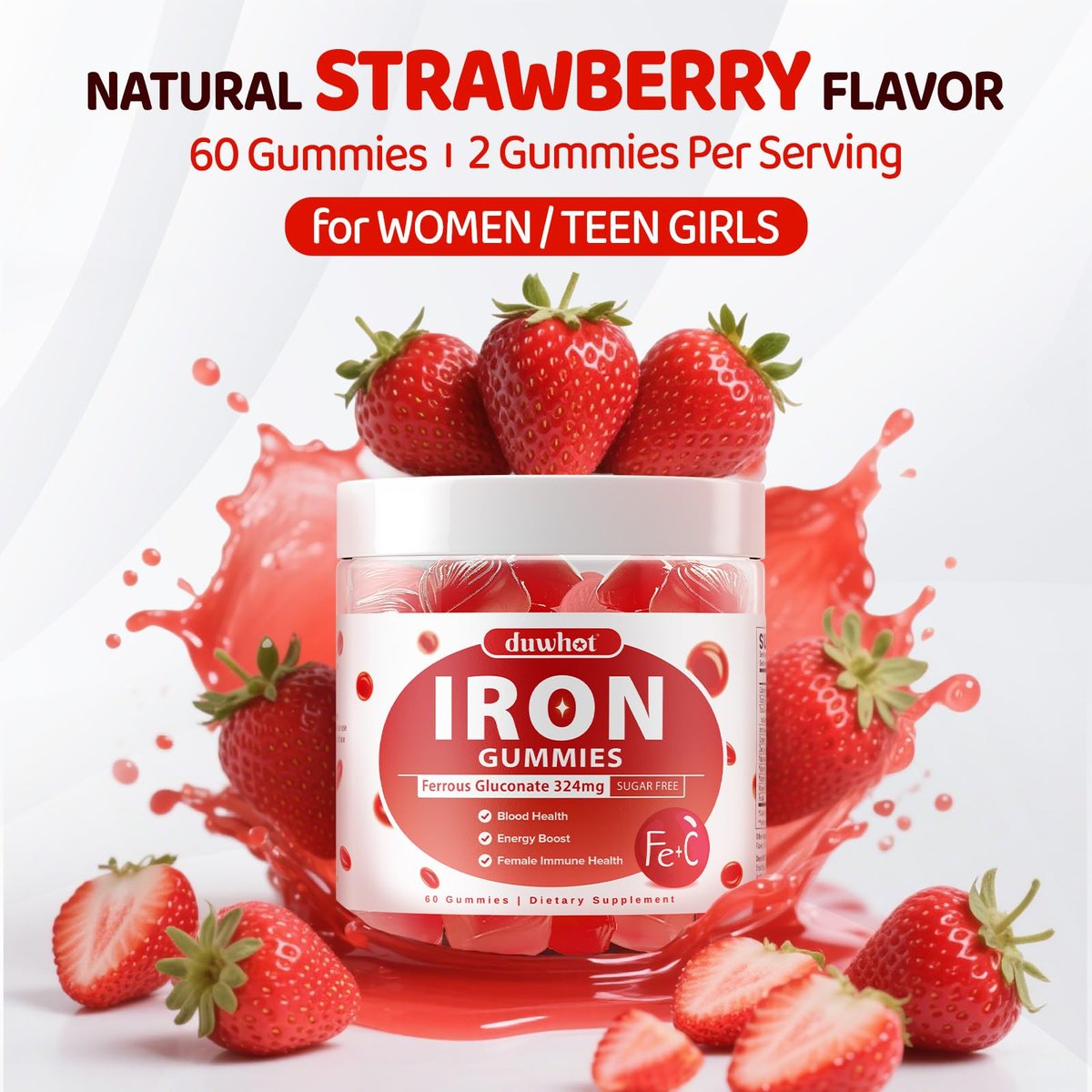 Eisenpräparat für Frauen & Teenager – Ferrogluconat 324 mg, Eisen Gummibärchen mit Vitamin C, A, B, Folsäure, Kupfer, Zink, Energie & Blutunterstützung, Immunsystem, Zuckerfrei, 60 Gummibärchen