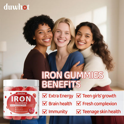 Eisenpräparat für Frauen & Teenager – Ferrogluconat 324 mg, Eisen Gummibärchen mit Vitamin C, A, B, Folsäure, Kupfer, Zink, Energie & Blutunterstützung, Immunsystem, Zuckerfrei, 60 Gummibärchen