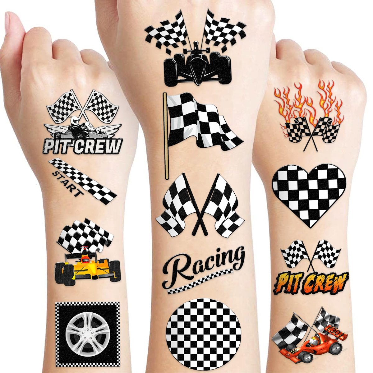 60 Stück lustige Rennwagen-Schachbrettmuster temporäre Tattoos – vorgeschnittene schwarz-weiße Aufkleber für Geburtstagspartys, Dekorationen, Geschenke, Preise für Kinder, Jungen, Mädchen, Erwachsene