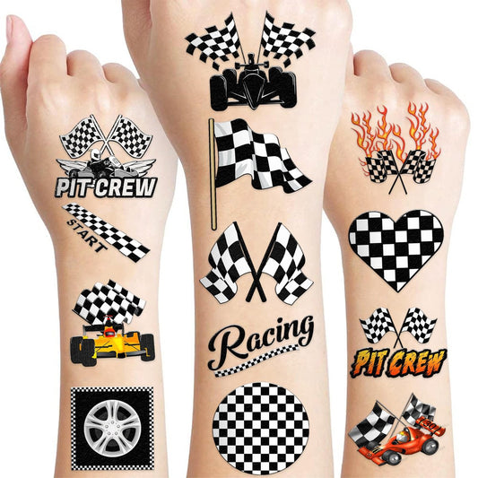 60 Stück lustige Rennwagen-Schachbrettmuster temporäre Tattoos – vorgeschnittene schwarz-weiße Aufkleber für Geburtstagspartys, Dekorationen, Geschenke, Preise für Kinder, Jungen, Mädchen, Erwachsene