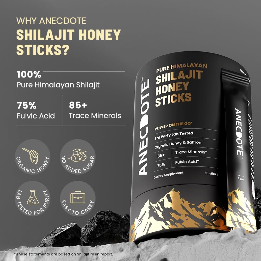 ANECDOTE Himalaya Shilajit Honig-Sticks mit Bio-Honig & Safran | Steigert die Ausdauer | Unterstützt das Immunsystem | 75 % Fulvinsäure, 85+ Spurenelemente | Ohne Zuckerzusatz | 30 Sticks