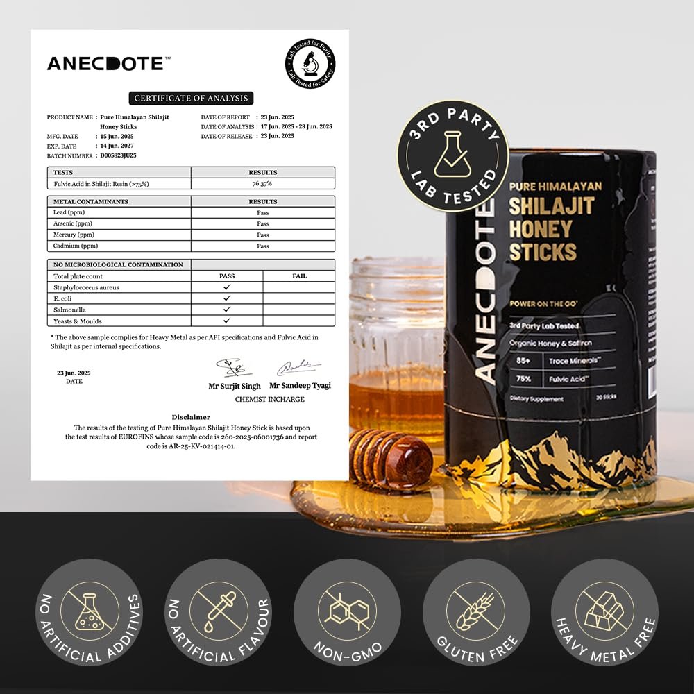 ANECDOTE Himalaya Shilajit Honig-Sticks mit Bio-Honig & Safran | Steigert die Ausdauer | Unterstützt das Immunsystem | 75 % Fulvinsäure, 85+ Spurenelemente | Ohne Zuckerzusatz | 30 Sticks