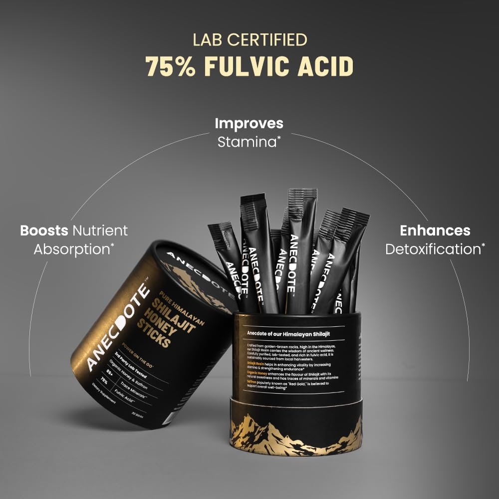 ANECDOTE Himalaya Shilajit Honig-Sticks mit Bio-Honig & Safran | Steigert die Ausdauer | Unterstützt das Immunsystem | 75 % Fulvinsäure, 85+ Spurenelemente | Ohne Zuckerzusatz | 30 Sticks