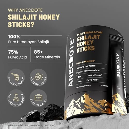 ANECDOTE Himalaya Shilajit Honig-Sticks mit Bio-Honig & Safran | Steigert die Ausdauer | Unterstützt das Immunsystem | 75 % Fulvinsäure, 85+ Spurenelemente | Ohne Zuckerzusatz | 30 Sticks