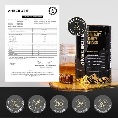 ANECDOTE Himalaya Shilajit Honig-Sticks mit Bio-Honig & Safran | Steigert die Ausdauer | Unterstützt das Immunsystem | 75 % Fulvinsäure, 85+ Spurenelemente | Ohne Zuckerzusatz | 30 Sticks