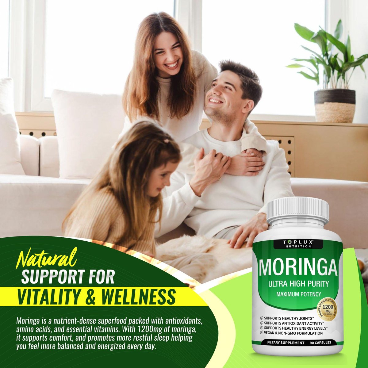 Toplux Moringa Kapseln 1200mg – Reines Moringa-Pulver, hochwirksamer Blattextrakt, grünes Superfood, reich an Antioxidantien, für Energie & Immununterstützung, vegan, ohne Gentechnik, 90 Kapseln