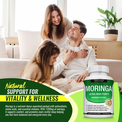 Toplux Moringa Kapseln 1200mg – Reines Moringa-Pulver, hochwirksamer Blattextrakt, grünes Superfood, reich an Antioxidantien, für Energie & Immununterstützung, vegan, ohne Gentechnik, 90 Kapseln