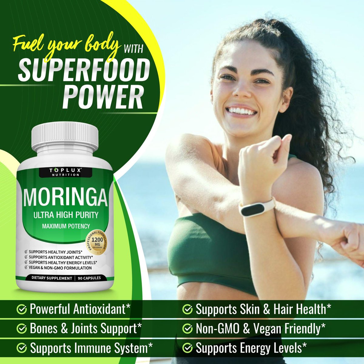 Toplux Moringa Kapseln 1200mg – Reines Moringa-Pulver, hochwirksamer Blattextrakt, grünes Superfood, reich an Antioxidantien, für Energie & Immununterstützung, vegan, ohne Gentechnik, 90 Kapseln