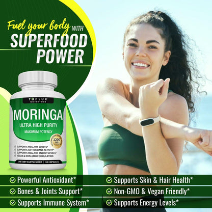 Toplux Moringa Kapseln 1200mg – Reines Moringa-Pulver, hochwirksamer Blattextrakt, grünes Superfood, reich an Antioxidantien, für Energie & Immununterstützung, vegan, ohne Gentechnik, 90 Kapseln