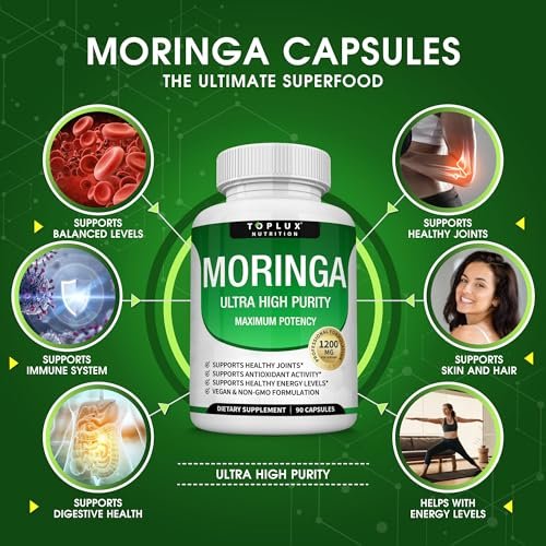 Toplux Moringa Kapseln 1200mg – Reines Moringa-Pulver, hochwirksamer Blattextrakt, grünes Superfood, reich an Antioxidantien, für Energie & Immununterstützung, vegan, ohne Gentechnik, 90 Kapseln