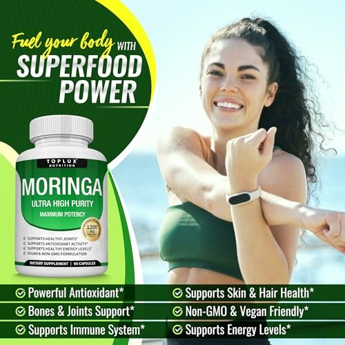Toplux Moringa Kapseln 1200mg – Reines Moringa-Pulver, hochwirksamer Blattextrakt, grünes Superfood, reich an Antioxidantien, für Energie & Immununterstützung, vegan, ohne Gentechnik, 90 Kapseln
