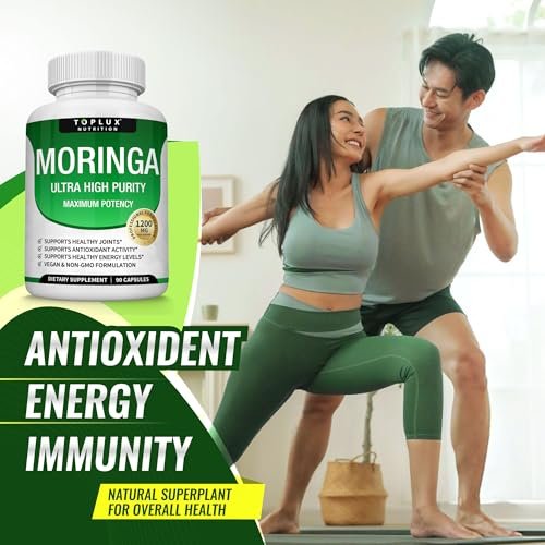 Toplux Moringa Kapseln 1200mg – Reines Moringa-Pulver, hochwirksamer Blattextrakt, grünes Superfood, reich an Antioxidantien, für Energie & Immununterstützung, vegan, ohne Gentechnik, 90 Kapseln