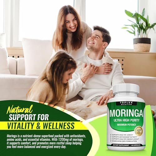 Toplux Moringa Kapseln 1200mg – Reines Moringa-Pulver, hochwirksamer Blattextrakt, grünes Superfood, reich an Antioxidantien, für Energie & Immununterstützung, vegan, ohne Gentechnik, 90 Kapseln