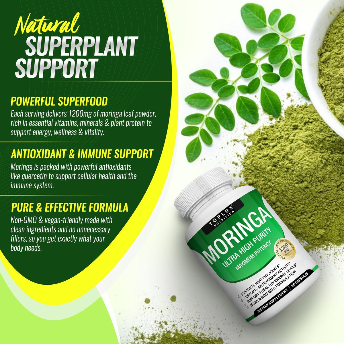 Toplux Moringa Kapseln 1200mg – Reines Moringa-Pulver, hochwirksamer Blattextrakt, grünes Superfood, reich an Antioxidantien, für Energie & Immununterstützung, vegan, ohne Gentechnik, 90 Kapseln