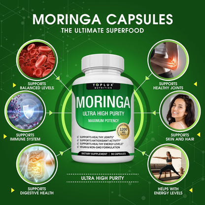 Toplux Moringa Kapseln 1200mg – Reines Moringa-Pulver, hochwirksamer Blattextrakt, grünes Superfood, reich an Antioxidantien, für Energie & Immununterstützung, vegan, ohne Gentechnik, 90 Kapseln