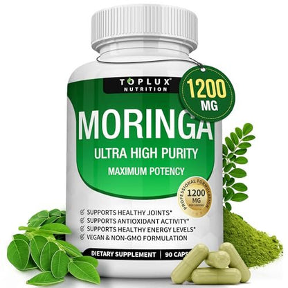 Toplux Moringa Kapseln 1200mg – Reines Moringa-Pulver, hochwirksamer Blattextrakt, grünes Superfood, reich an Antioxidantien, für Energie & Immununterstützung, vegan, ohne Gentechnik, 90 Kapseln
