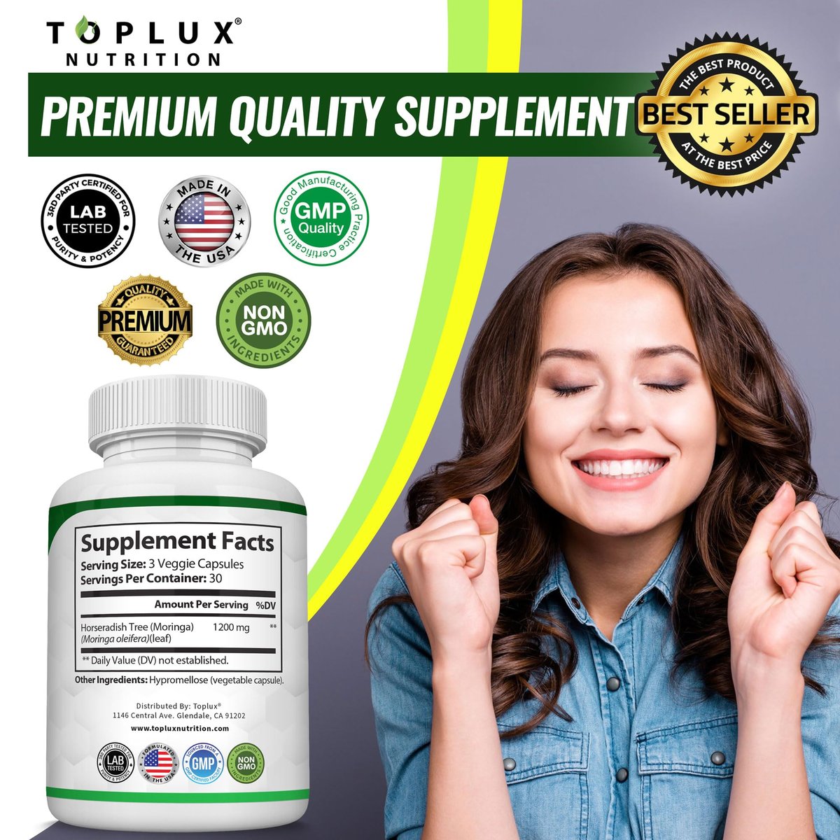 Toplux Moringa Kapseln 1200mg – Reines Moringa-Pulver, hochwirksamer Blattextrakt, grünes Superfood, reich an Antioxidantien, für Energie & Immununterstützung, vegan, ohne Gentechnik, 90 Kapseln