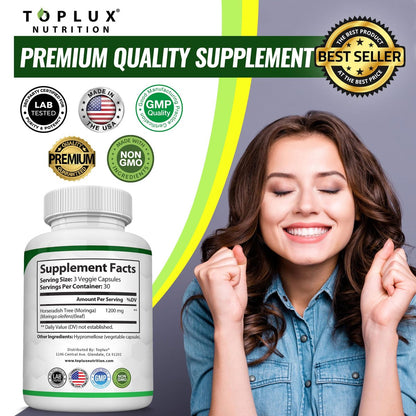 Toplux Moringa Kapseln 1200mg – Reines Moringa-Pulver, hochwirksamer Blattextrakt, grünes Superfood, reich an Antioxidantien, für Energie & Immununterstützung, vegan, ohne Gentechnik, 90 Kapseln