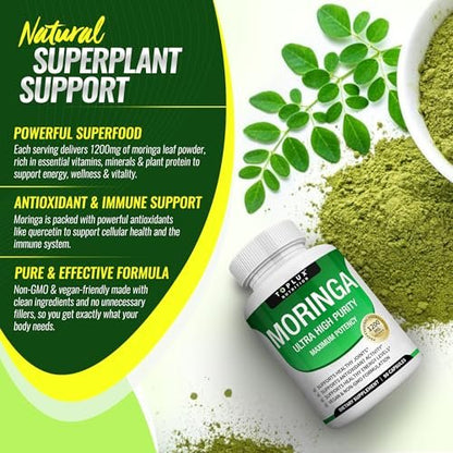 Toplux Moringa Kapseln 1200mg – Reines Moringa-Pulver, hochwirksamer Blattextrakt, grünes Superfood, reich an Antioxidantien, für Energie & Immununterstützung, vegan, ohne Gentechnik, 90 Kapseln