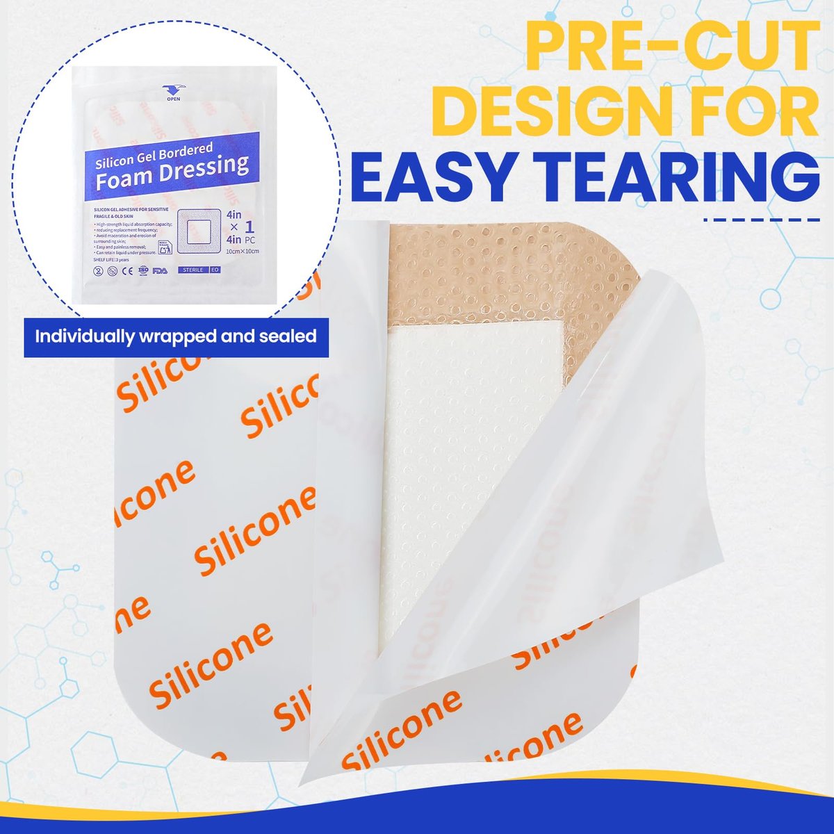 10er-Pack Silikon-Schaumstoff-Wundverband 10x10 cm mit Kleberand, hochsaugfähige Silikon-Bandagen, wasserdichte Schaumstoff-Pflaster für Wundversorgung, Druckgeschwüre, diabetische Fußgeschwüre