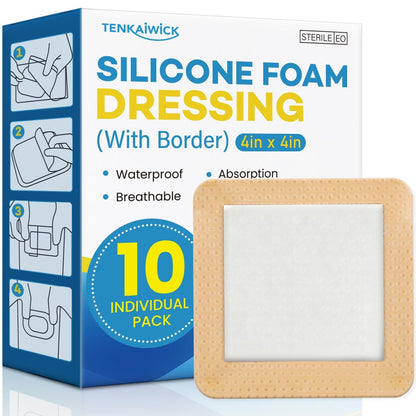 10er-Pack Silikon-Schaumstoff-Wundverband 10x10 cm mit Kleberand, hochsaugfähige Silikon-Bandagen, wasserdichte Schaumstoff-Pflaster für Wundversorgung, Druckgeschwüre, diabetische Fußgeschwüre