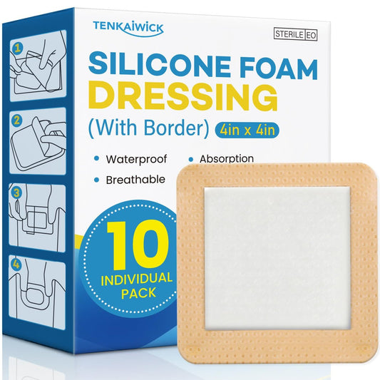10er-Pack Silikon-Schaumstoff-Wundverband 10x10 cm mit Kleberand, hochsaugfähige Silikon-Bandagen, wasserdichte Schaumstoff-Pflaster für Wundversorgung, Druckgeschwüre, diabetische Fußgeschwüre