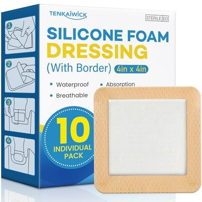 10er-Pack Silikon-Schaumstoff-Wundverband 10x10 cm mit Kleberand, hochsaugfähige Silikon-Bandagen, wasserdichte Schaumstoff-Pflaster für Wundversorgung, Druckgeschwüre, diabetische Fußgeschwüre