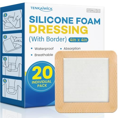 20er-Pack Silikon-Schaumstoff-Wundverband 10x10 cm mit Kleberand, hochsaugfähige Silikon-Bandagen, wasserdichte Schaumstoff-Pflaster für Wundversorgung, Druckgeschwüre, diabetische Fußgeschwüre
