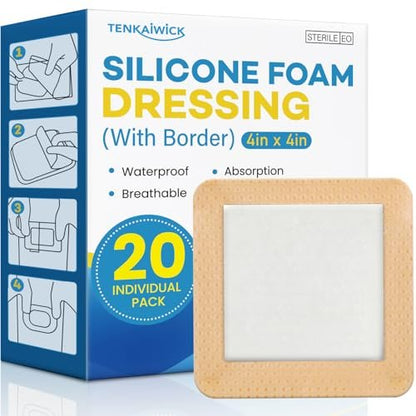 20er-Pack Silikon-Schaumstoff-Wundverband 10x10 cm mit Kleberand, hochsaugfähige Silikon-Bandagen, wasserdichte Schaumstoff-Pflaster für Wundversorgung, Druckgeschwüre, diabetische Fußgeschwüre