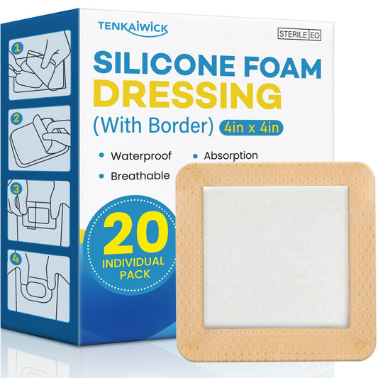 20er-Pack Silikon-Schaumstoff-Wundverband 10x10 cm mit Kleberand, hochsaugfähige Silikon-Bandagen, wasserdichte Schaumstoff-Pflaster für Wundversorgung, Druckgeschwüre, diabetische Fußgeschwüre