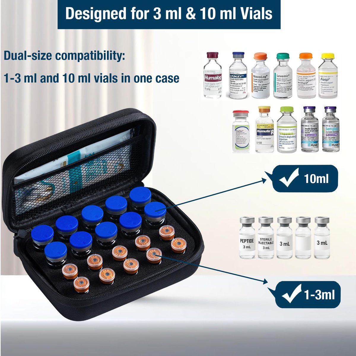 MiloZen Peptid-Aufbewahrungsbox für Kühlschrank, 20 Vials Halter, passt für 1ml 3ml 5ml 10ml Vials, nicht geeignet für hohe 10ml Vials, Diabetes-Medikamenten-Organizer, ohne Vials, Schwarz