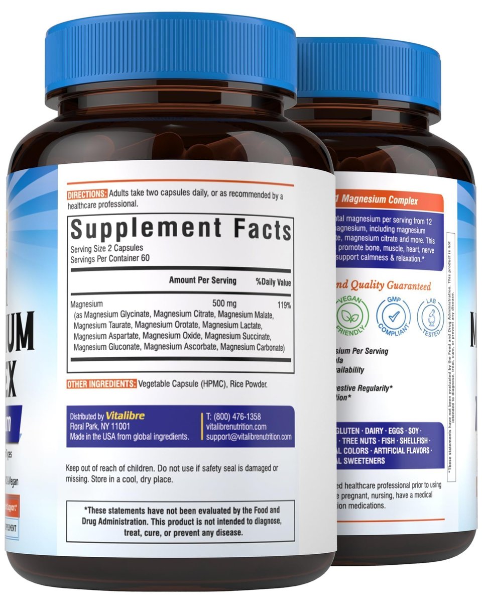 Vitalibre 12-in-1 Magnesium Komplex 500 mg | Hoch bioverfügbares cheliertes Magnesiumglycinat, Citrat, Malat & mehr für Knochen, Nerven & Verdauung | Nicht-GVO, vegan (120 Kapseln)
