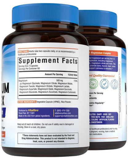 Vitalibre 12-in-1 Magnesium Komplex 500 mg | Hoch bioverfügbares cheliertes Magnesiumglycinat, Citrat, Malat & mehr für Knochen, Nerven & Verdauung | Nicht-GVO, vegan (120 Kapseln)