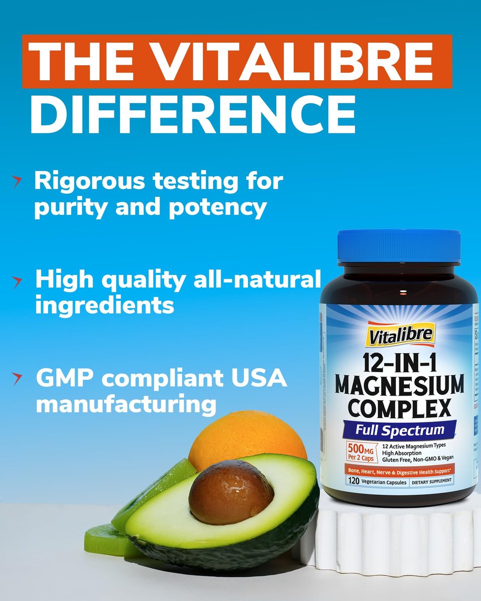 Vitalibre 12-in-1 Magnesium Komplex 500 mg | Hoch bioverfügbares cheliertes Magnesiumglycinat, Citrat, Malat & mehr für Knochen, Nerven & Verdauung | Nicht-GVO, vegan (120 Kapseln)