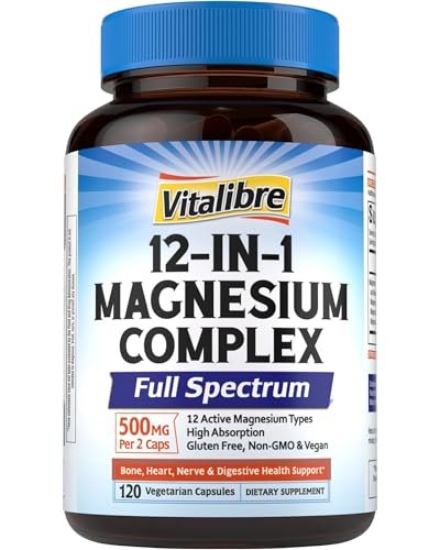 Vitalibre 12-in-1 Magnesium Komplex 500 mg | Hoch bioverfügbares cheliertes Magnesiumglycinat, Citrat, Malat & mehr für Knochen, Nerven & Verdauung | Nicht-GVO, vegan (120 Kapseln)