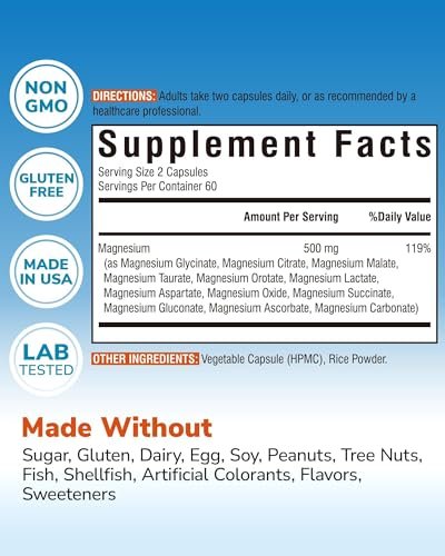 Vitalibre 12-in-1 Magnesium Komplex 500 mg | Hoch bioverfügbares cheliertes Magnesiumglycinat, Citrat, Malat & mehr für Knochen, Nerven & Verdauung | Nicht-GVO, vegan (120 Kapseln)