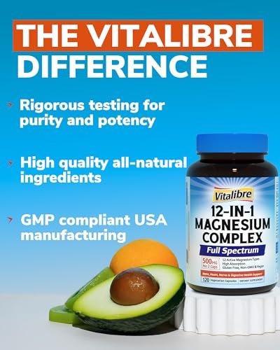 Vitalibre 12-in-1 Magnesium Komplex 500 mg | Hoch bioverfügbares cheliertes Magnesiumglycinat, Citrat, Malat & mehr für Knochen, Nerven & Verdauung | Nicht-GVO, vegan (120 Kapseln)