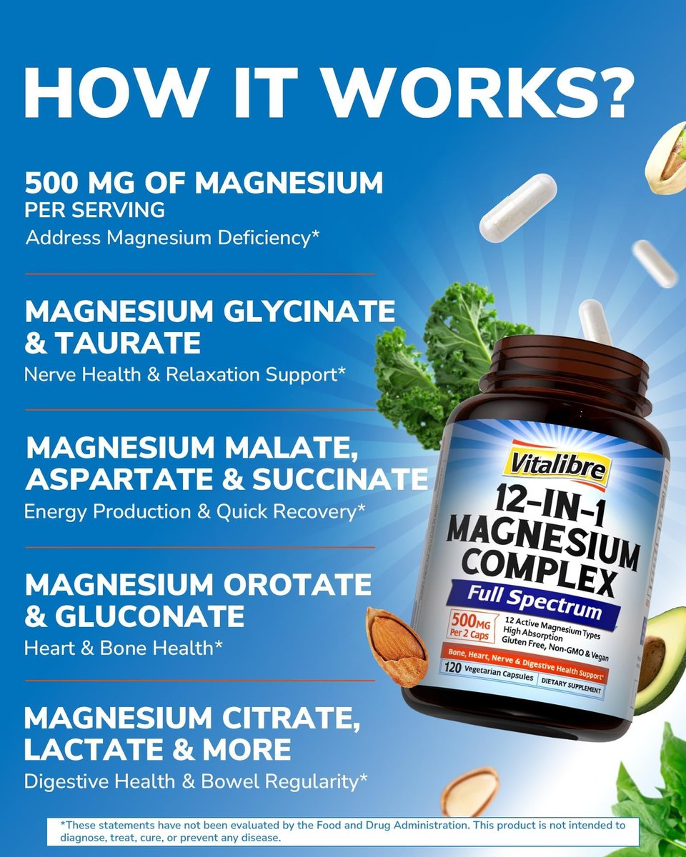 Vitalibre 12-in-1 Magnesium Komplex 500 mg | Hoch bioverfügbares cheliertes Magnesiumglycinat, Citrat, Malat & mehr für Knochen, Nerven & Verdauung | Nicht-GVO, vegan (120 Kapseln)